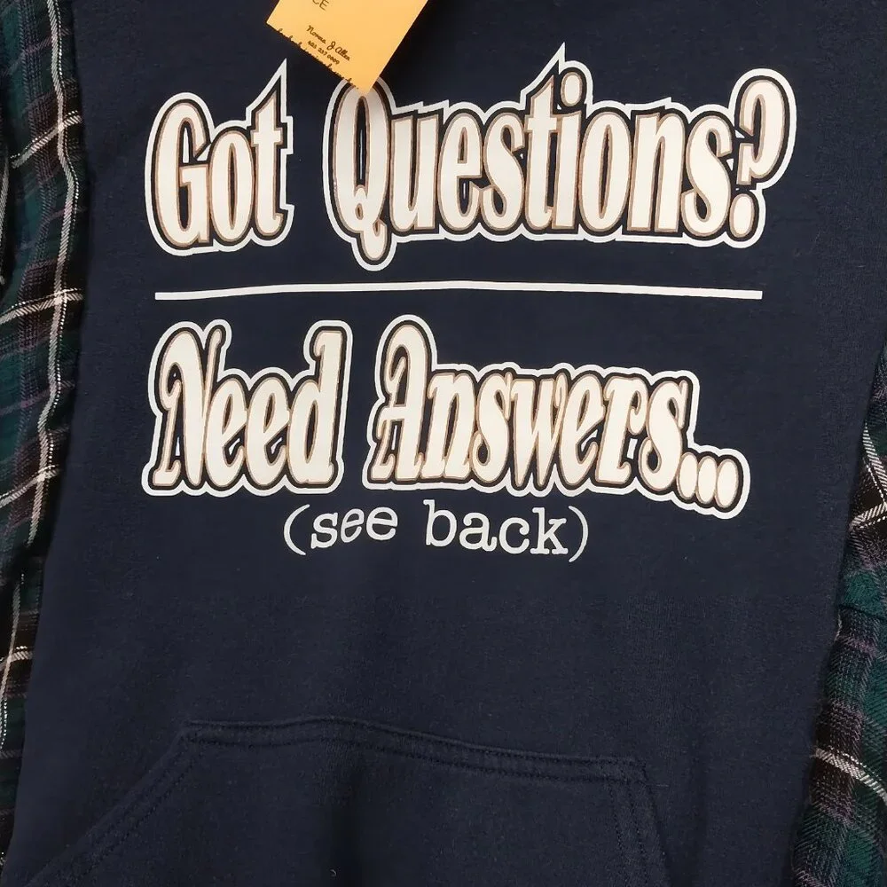 3228 Size XL Gildan Got Questions Upcycled Hoodie, In Blue, Purple and White. - Picture 3 of 8